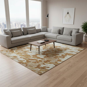 HomeRoots 10' X 14' Copper and Ivory Abstract Area Rug - Washable, UV Protected, Stylish for Modern Homes 675234