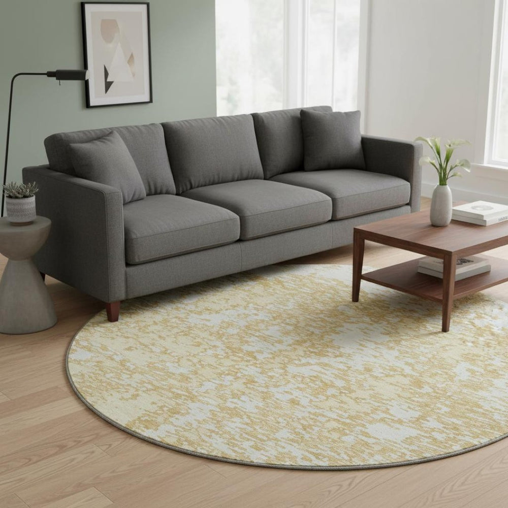 HomeRoots 8' Gold And Ivory Washable Abstract Round Rug with UV Protection – Durable, Stylish, and Easy Care! 675237