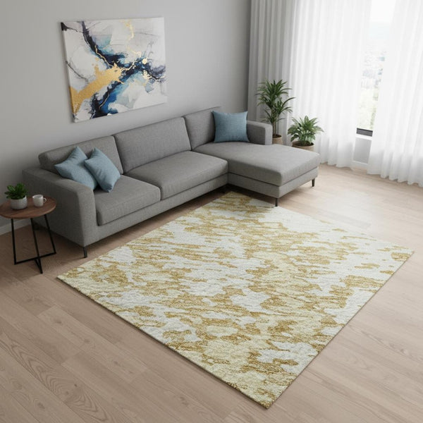 HomeRoots 8' X 10' Gold And Ivory Abstract Area Rug - Washable, UV Protected, Stain-Resistant, Durable Design 675238