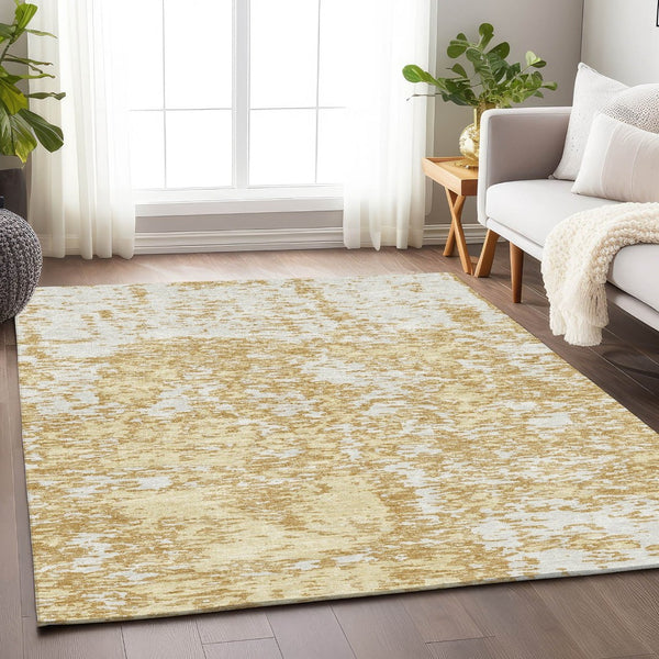 HomeRoots 8' X 10' Gold And Ivory Abstract Area Rug - Washable, UV Protected, Stain-Resistant, Durable Design 675238