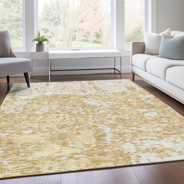 HomeRoots 8' X 10' Gold And Ivory Abstract Area Rug - Washable, UV Protected, Stain-Resistant, Durable Design 675238