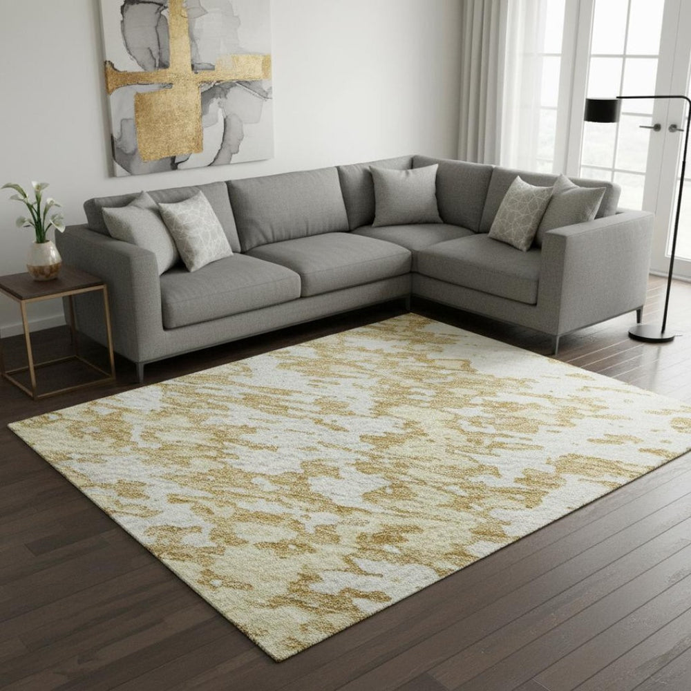 HomeRoots 10' X 14' Gold and Ivory Abstract Area Rug - Washable, UV-Protected, Durable for Family Homes 675240