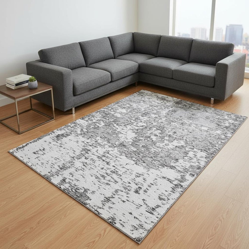 HomeRoots 9' X 12' Gray & Silver Abstract Area Rug - Washable, Stain Resistant, UV Protected for Modern Homes 675245