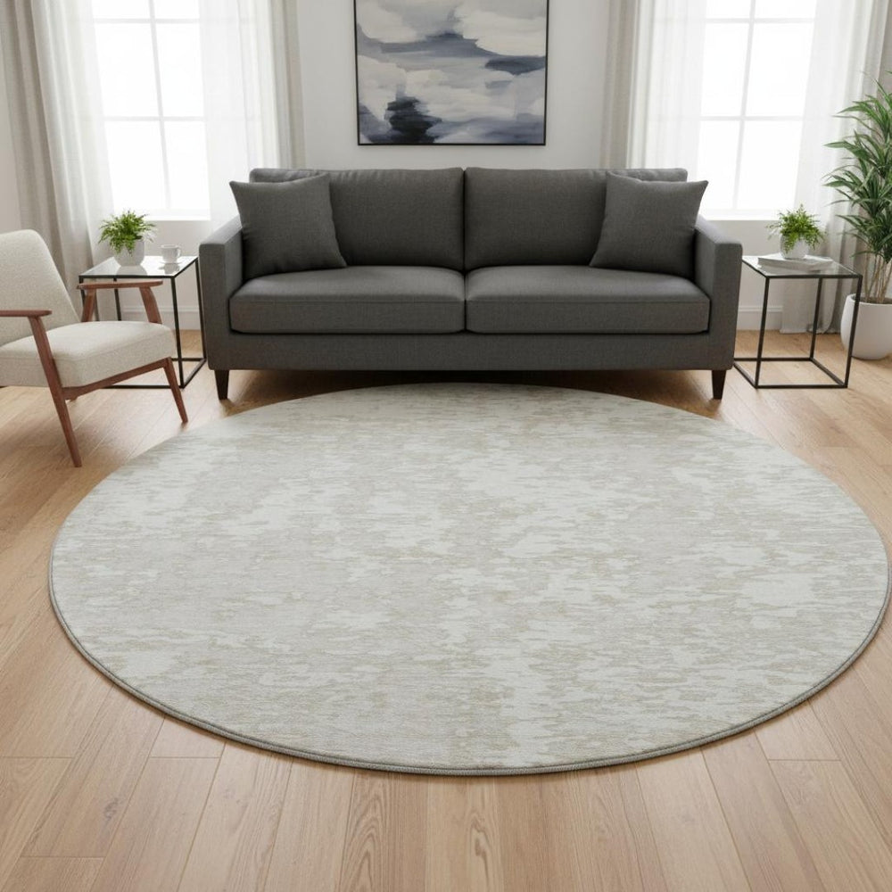 HomeRoots 8' Ivory and Beige Abstract Washable Round Rug with UV Protection – Modern, Stain-Resistant Style 675249