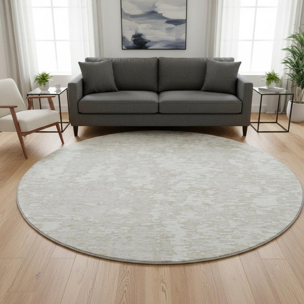 HomeRoots 8' Ivory and Beige Abstract Washable Round Rug with UV Protection – Modern, Stain-Resistant Style 675249