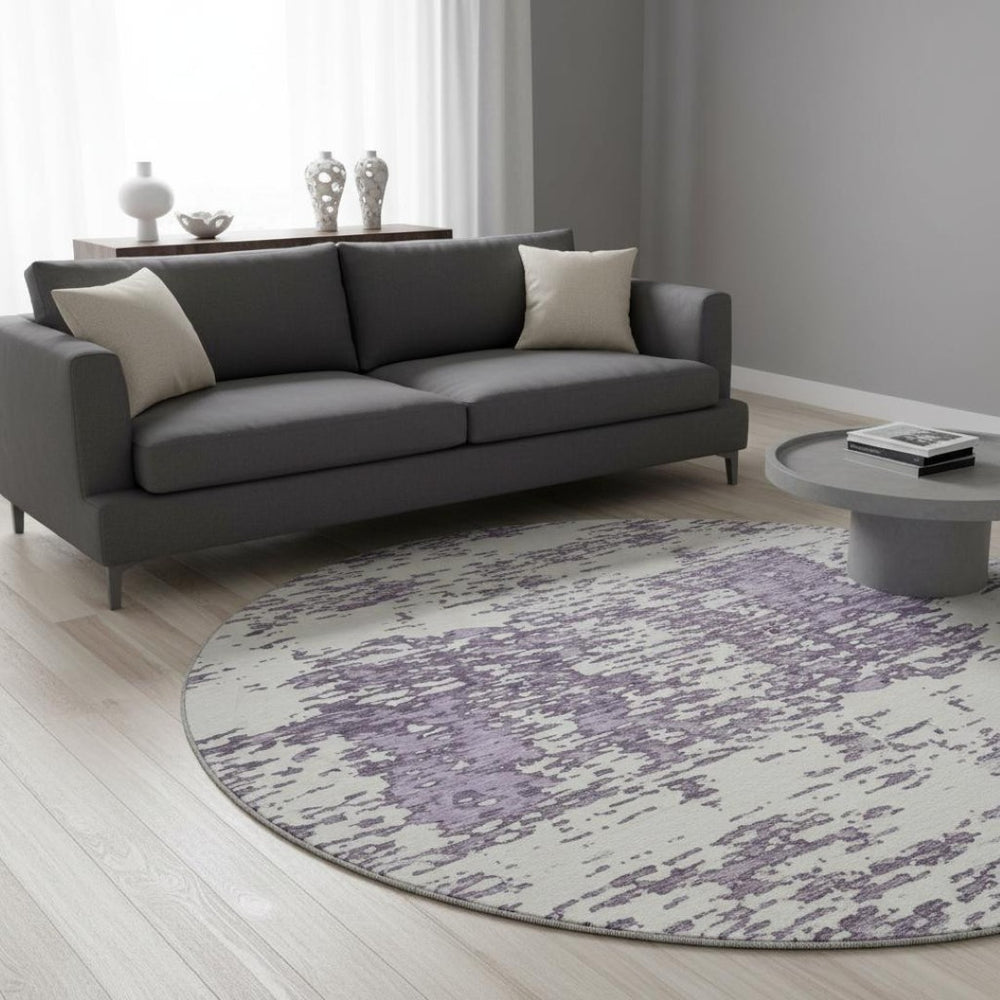 HomeRoots 8' Lavender and Ivory Abstract Round Rug – Washable, UV Protected, Durable for Busy Homes & Kids 675255