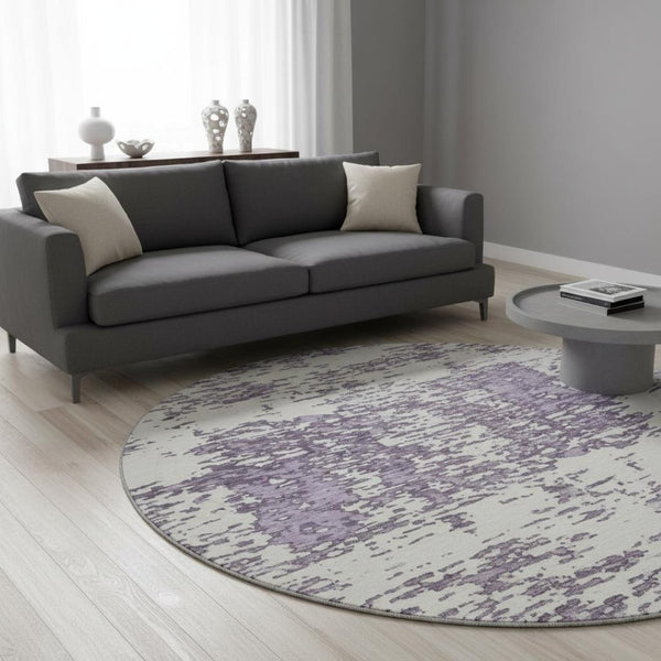 HomeRoots 8' Lavender and Ivory Abstract Round Rug – Washable, UV Protected, Durable for Busy Homes & Kids 675255