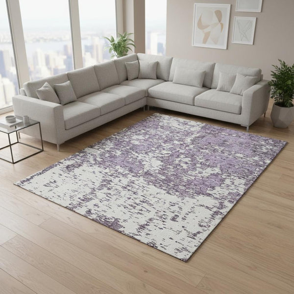HomeRoots 10' X 14' Stylish Lavender & Ivory Abstract Washable Area Rug with UV Protection for Modern Spaces 675258