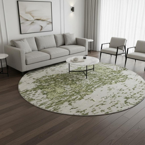 HomeRoots 8' Olive Green and Ivory Abstract Round Rug - Washable, Stain-Resistant, UV Protected for Modern Spaces 675261