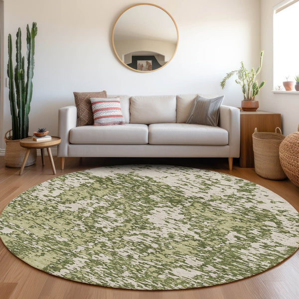 HomeRoots 8' Olive Green and Ivory Abstract Round Rug - Washable, Stain-Resistant, UV Protected for Modern Spaces 675261