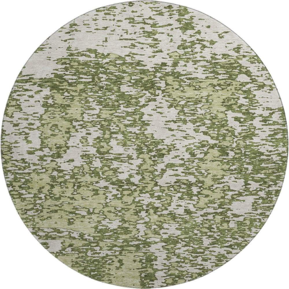 HomeRoots 8' Olive Green and Ivory Abstract Round Rug - Washable, Stain-Resistant, UV Protected for Modern Spaces 675261