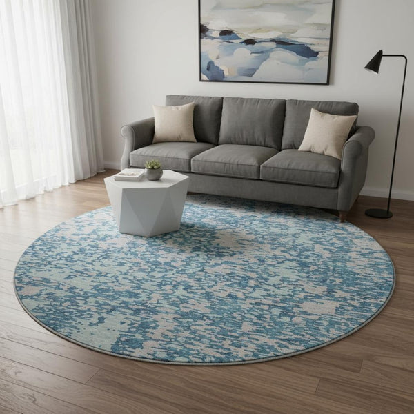 HomeRoots 8' Teal And Silver Abstract Round Rug - Washable, UV Protected, Stylish & Stain Resistant Design 675267