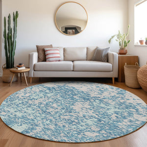 HomeRoots 8' Teal And Silver Abstract Round Rug - Washable, UV Protected, Stylish & Stain Resistant Design 675267
