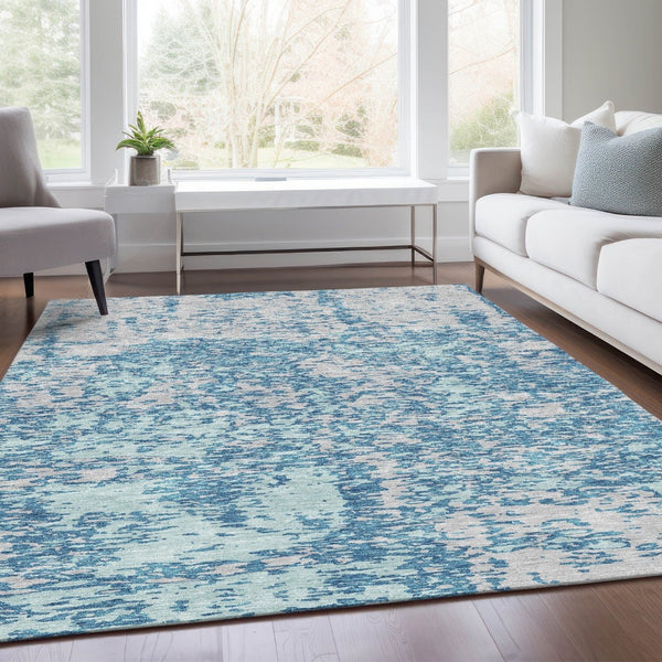 HomeRoots 9' X 12' Teal & Silver Abstract Washable Area Rug - Durable, Stylish, UV-Protected for Active Homes 675269