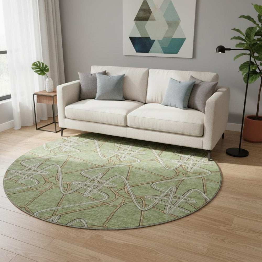 HomeRoots 8' Artichoke Green Geometric Washable Round Rug – Stylish, Durable & UV-Resistant for Any Room! 675273