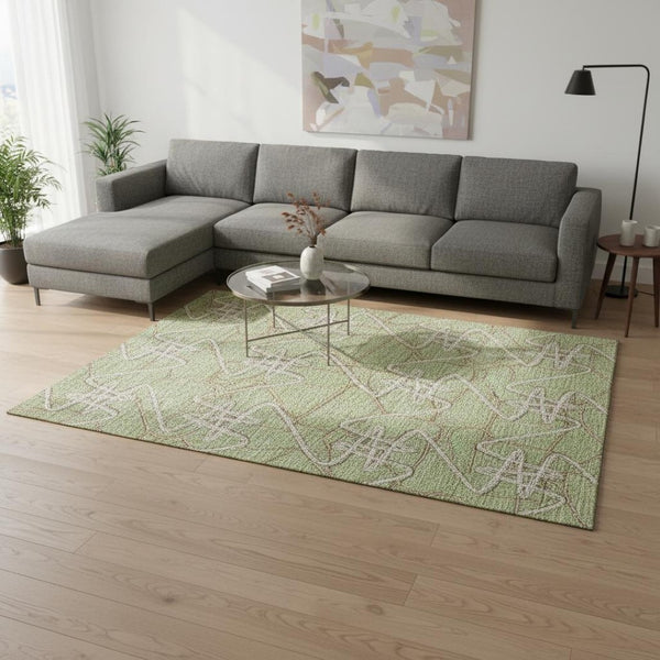 HomeRoots 8' X 10' Artichoke Green Ivory Beige Geometric Area Rug – Washable, UV Protected, Stain-Resistant! 675274