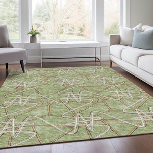 HomeRoots 8' X 10' Artichoke Green Ivory Beige Geometric Area Rug – Washable, UV Protected, Stain-Resistant! 675274