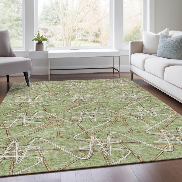 HomeRoots 8' X 10' Artichoke Green Ivory Beige Geometric Area Rug – Washable, UV Protected, Stain-Resistant! 675274