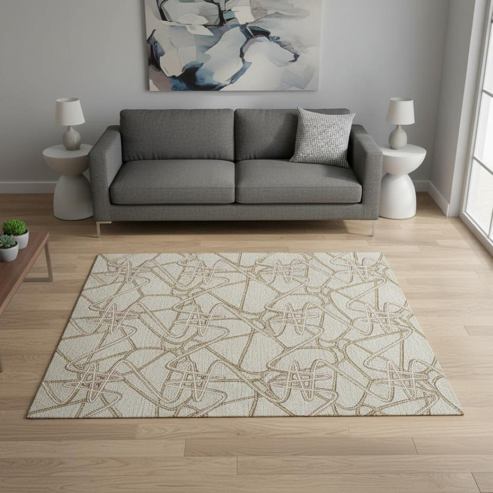 HomeRoots 5' X 8' Washable Beige Ivory Brown Geometric Area Rug with UV Protection for Modern Living Spaces 675278