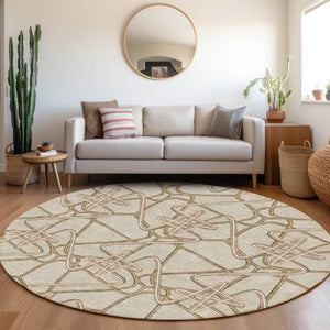 HomeRoots 8' Stylish Beige, Ivory & Brown Geometric Washable Round Rug | UV Protected for Family Spaces 675279