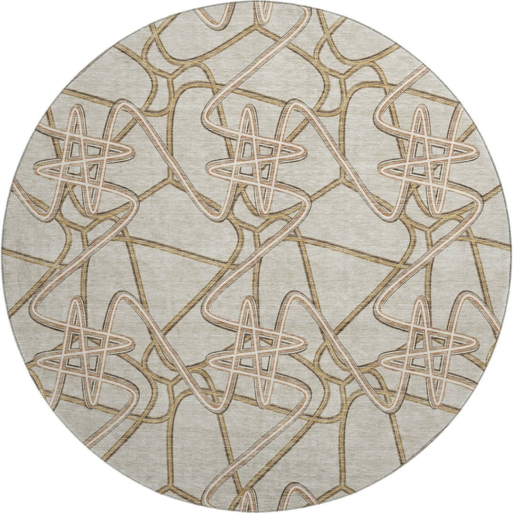 HomeRoots 8' Stylish Beige, Ivory & Brown Geometric Washable Round Rug | UV Protected for Family Spaces 675279