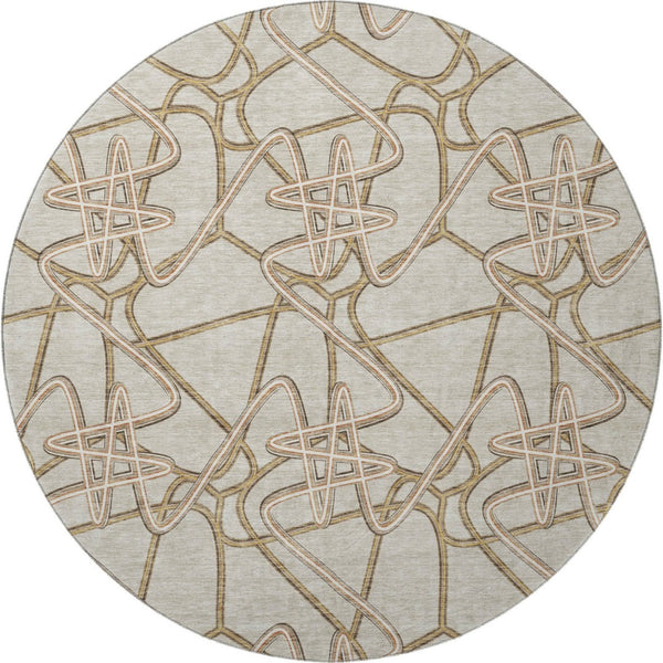HomeRoots 8' Stylish Beige, Ivory & Brown Geometric Washable Round Rug | UV Protected for Family Spaces 675279