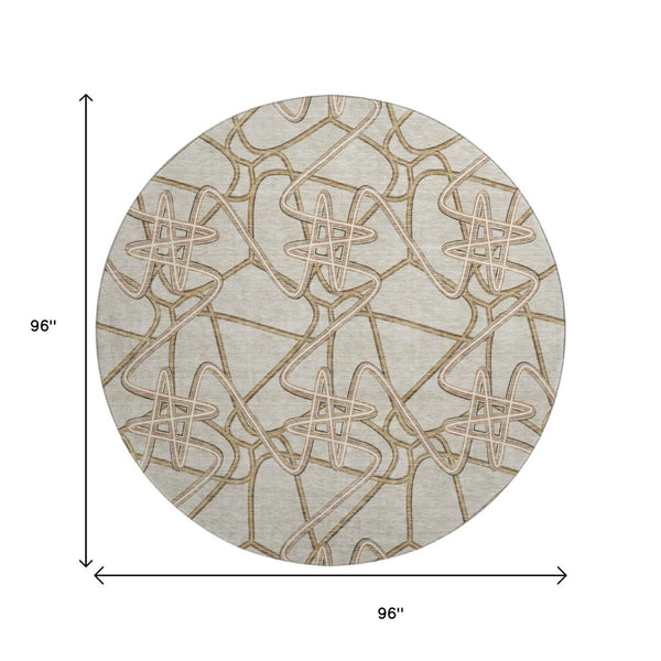 HomeRoots 8' Stylish Beige, Ivory & Brown Geometric Washable Round Rug | UV Protected for Family Spaces 675279