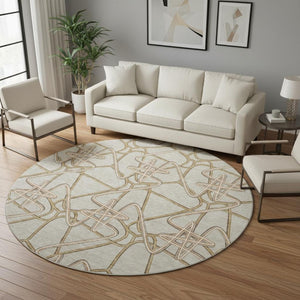 HomeRoots 8' Stylish Beige, Ivory & Brown Geometric Washable Round Rug | UV Protected for Family Spaces 675279