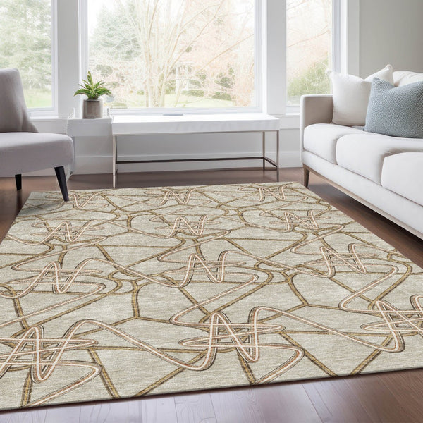 HomeRoots 9' X 12' Beige Ivory Brown Geometric Area Rug - Durable, Washable, UV Protected, Pet & Kid Friendly 675281