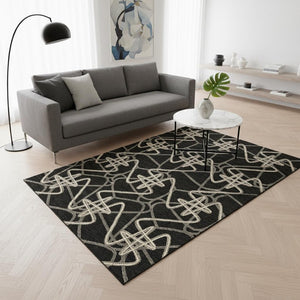 HomeRoots 5' X 8' Black and Ivory Geometric Washable Area Rug – Durable, Stain Resistant & UV Protected Design! 675284