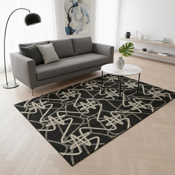 HomeRoots 5' X 8' Black and Ivory Geometric Washable Area Rug – Durable, Stain Resistant & UV Protected Design! 675284
