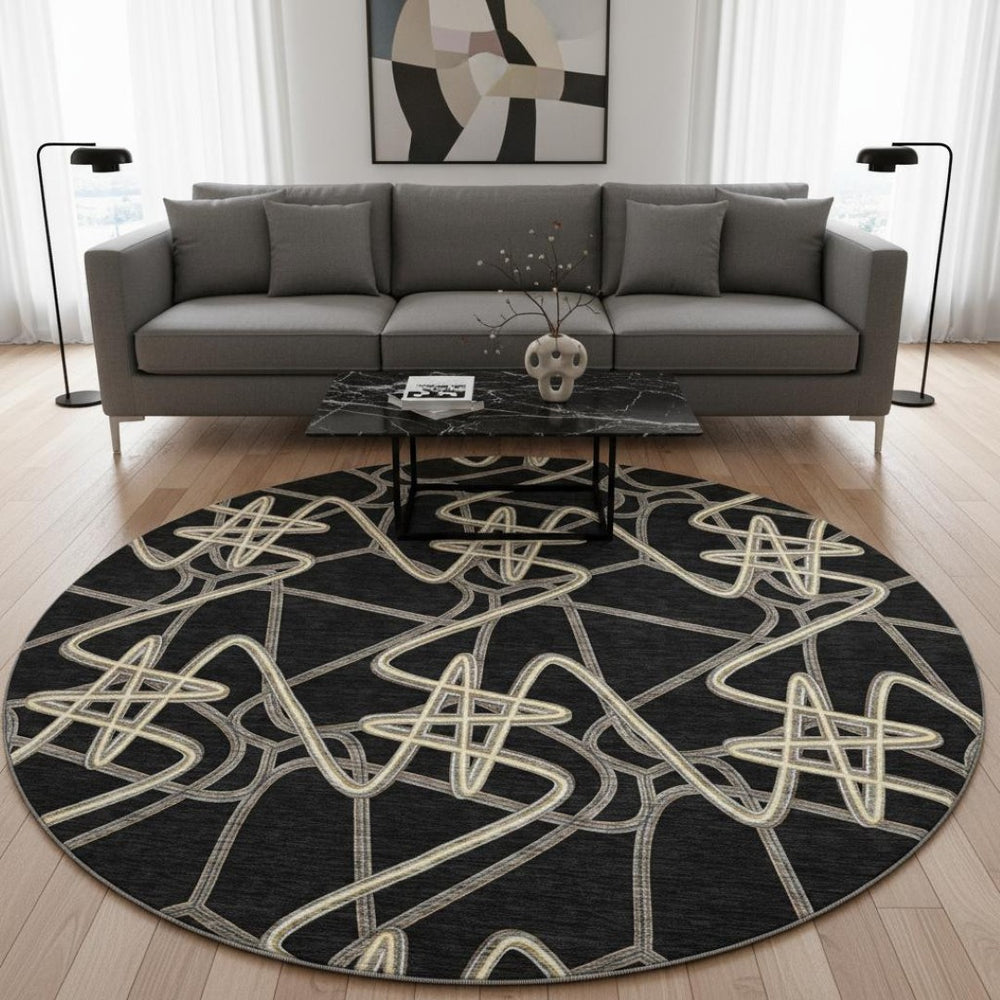 HomeRoots 8' Black and Ivory Geometric Round Rug – Stylish, Washable, UV-Protected for Modern Living Spaces 675285