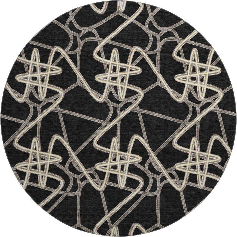 HomeRoots 8' Black and Ivory Geometric Round Rug – Stylish, Washable, UV-Protected for Modern Living Spaces 675285
