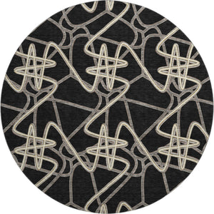 HomeRoots 8' Black and Ivory Geometric Round Rug – Stylish, Washable, UV-Protected for Modern Living Spaces 675285