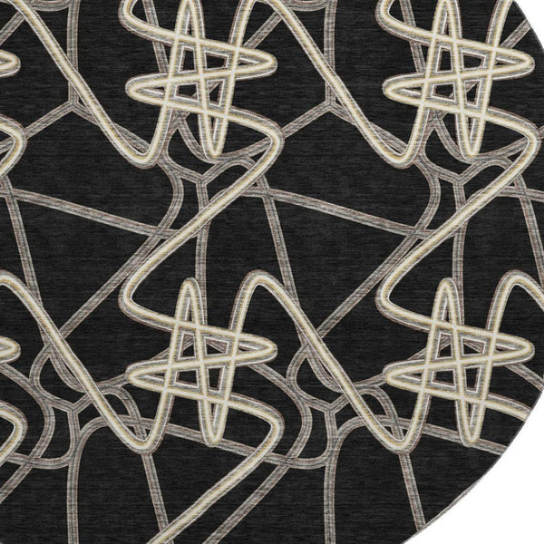 HomeRoots 8' Black and Ivory Geometric Round Rug – Stylish, Washable, UV-Protected for Modern Living Spaces 675285