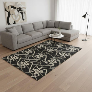 HomeRoots 8' X 10' Modern Black & Ivory Geometric Washable Area Rug with UV Protection for Everyday Living 675286