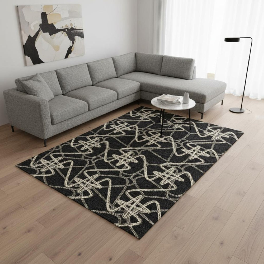 HomeRoots 9' X 12' Black And Ivory Geometric Washable Rug - Stylish, Stain-Resistant, UV Protected for All Rooms 675287