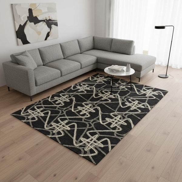 HomeRoots 9' X 12' Black And Ivory Geometric Washable Rug - Stylish, Stain-Resistant, UV Protected for All Rooms 675287