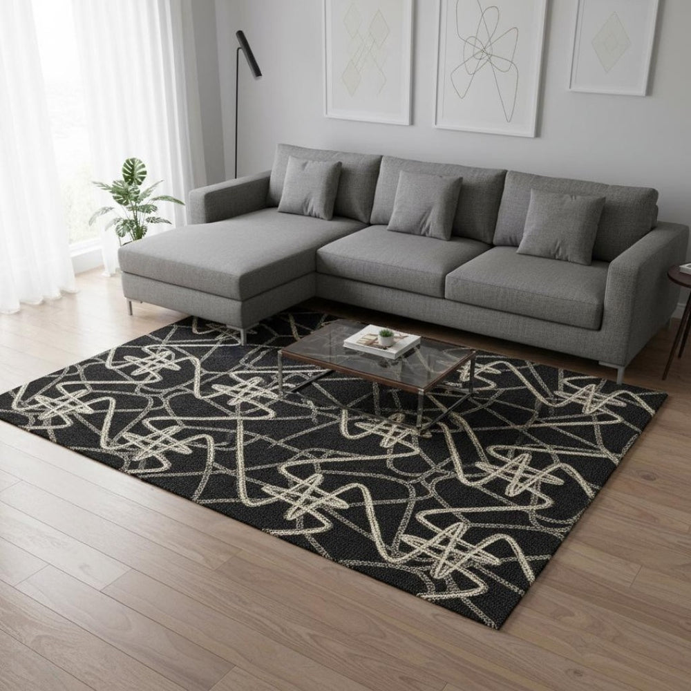 HomeRoots 10' X 14' Black And Ivory Geometric Area Rug - Washable, Stain-Resistant, UV Protected for Home Style 675288