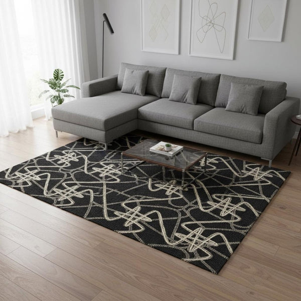 HomeRoots 10' X 14' Black And Ivory Geometric Area Rug - Washable, Stain-Resistant, UV Protected for Home Style 675288