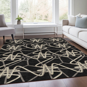 HomeRoots 10' X 14' Black And Ivory Geometric Area Rug - Washable, Stain-Resistant, UV Protected for Home Style 675288