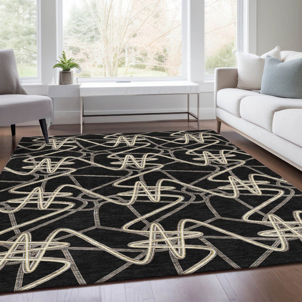 HomeRoots 10' X 14' Black And Ivory Geometric Area Rug - Washable, Stain-Resistant, UV Protected for Home Style 675288