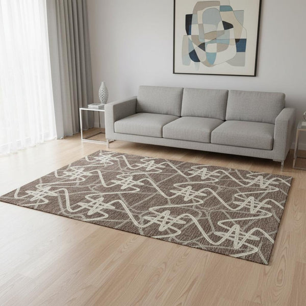 HomeRoots 5' X 8' Brown and Ivory Geometric Washable Area Rug - Durable, Stylish, UV-Protected for Any Space 675290
