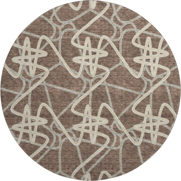 HomeRoots 8' Brown And Ivory Geometric Round Rug - Washable, UV Protected, Stylish, and Durable for High-Traffic Areas 675291