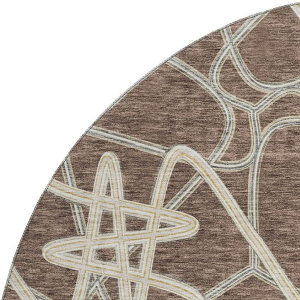 HomeRoots 8' Brown And Ivory Geometric Round Rug - Washable, UV Protected, Stylish, and Durable for High-Traffic Areas 675291
