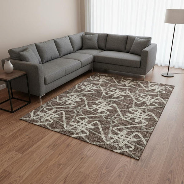 HomeRoots 8' X 10' Brown and Ivory Geometric Washable Area Rug - Durable, Stylish, Stain-Resistant Design! 675292