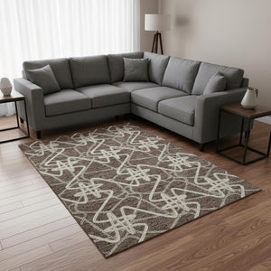 HomeRoots 9' X 12' Brown & Ivory Geometric Washable Area Rug with UV Protection - Durable, Stylish & Easy Care 675293