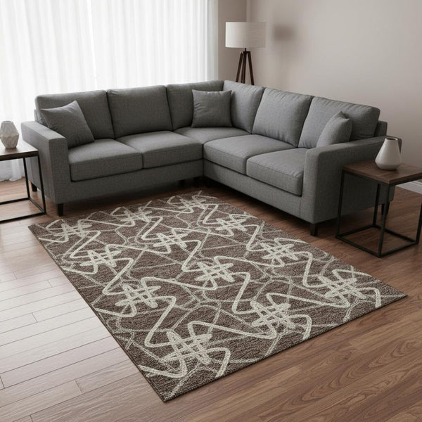 HomeRoots 9' X 12' Brown & Ivory Geometric Washable Area Rug with UV Protection - Durable, Stylish & Easy Care 675293