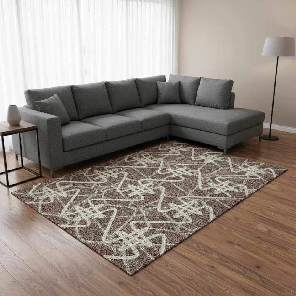 HomeRoots 10' X 14' Brown & Ivory Geometric Area Rug - Washable, Stain-Resistant, UV Protected for Busy Homes 675294
