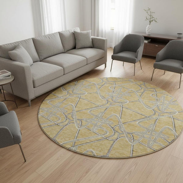 HomeRoots 8' Gold and Ivory Geometric Round Rug - Washable, UV-Protected, Durable for High-Traffic Areas 675297